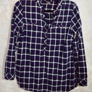 Eddie Bauer Women's Plaid Flannel Popover Blouse | Navy & White | Size M